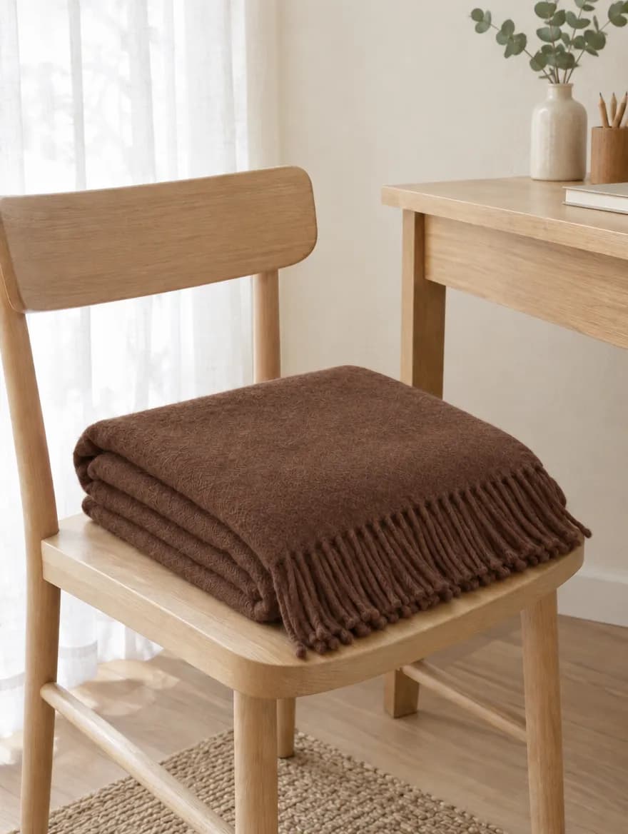 Cocoa brown merino throw folded on a wooden chair
