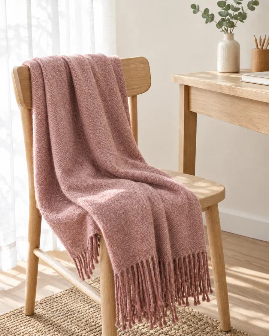 Rosewater throw draped over the back of a wooden chair
