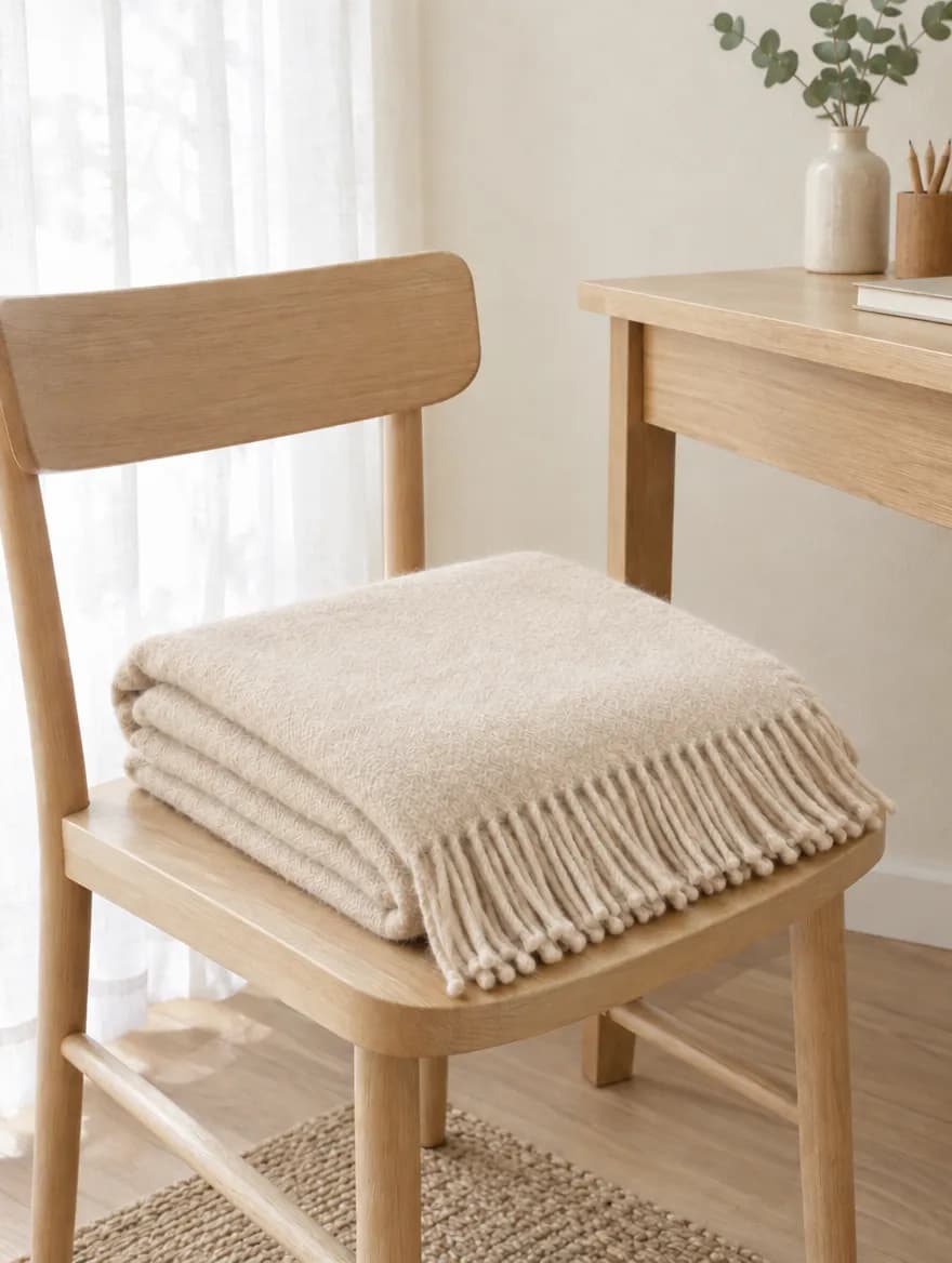 Oat-coloured merino throw folded on a wooden chair