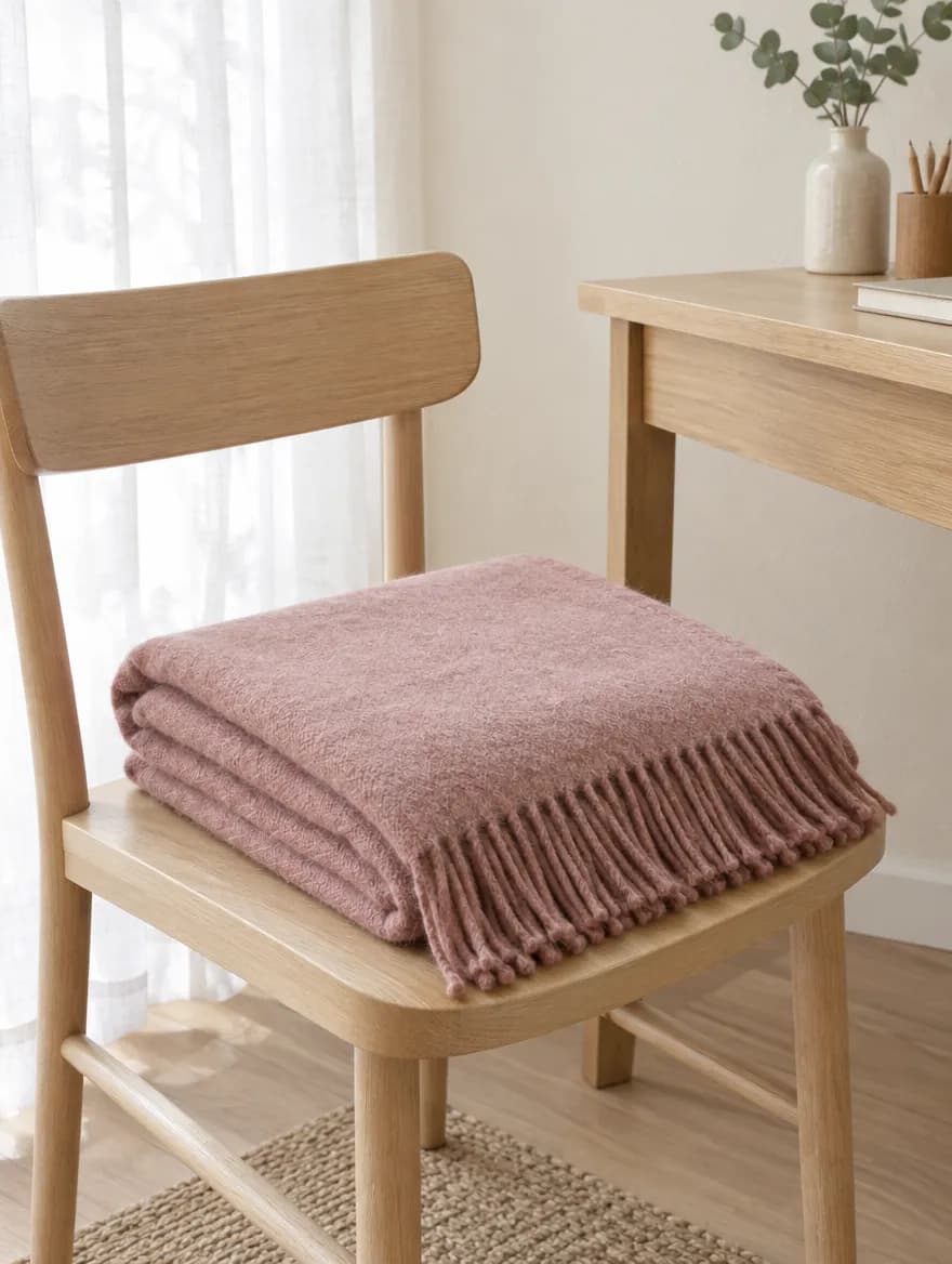 Rosewater merino throw folded on a wooden chair