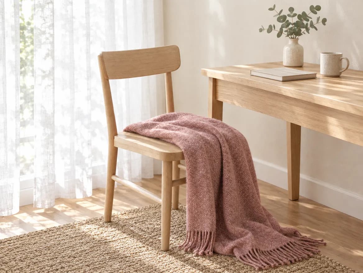 A quiet desk corner with the throw on the chair